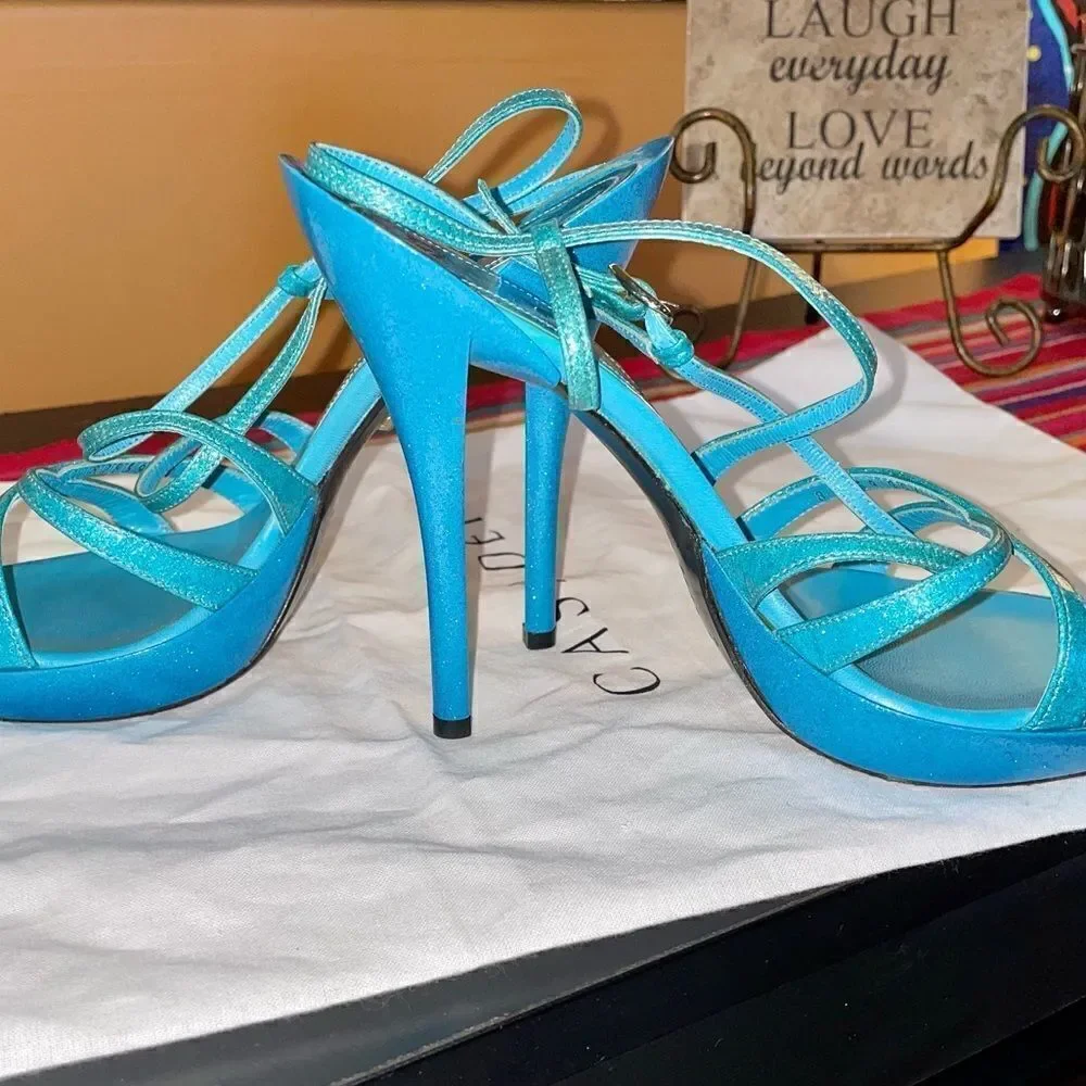🆕 NEW Casadei Sparkling Strappy Stiletto Heels – Blue Glitter